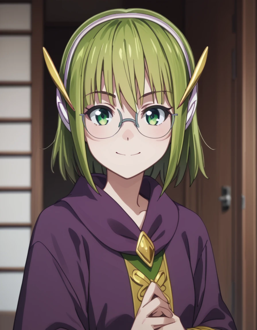 score_9, score_8_up, score_7_up, score_6_up, score_5_up, score_4_up, source_anime  <lora:ProfessedHerselfPupiloftheWiseMan:1> soft smile, portrait  Frikka, short hair, green eyes, hairband, green hair, glasses, robe,