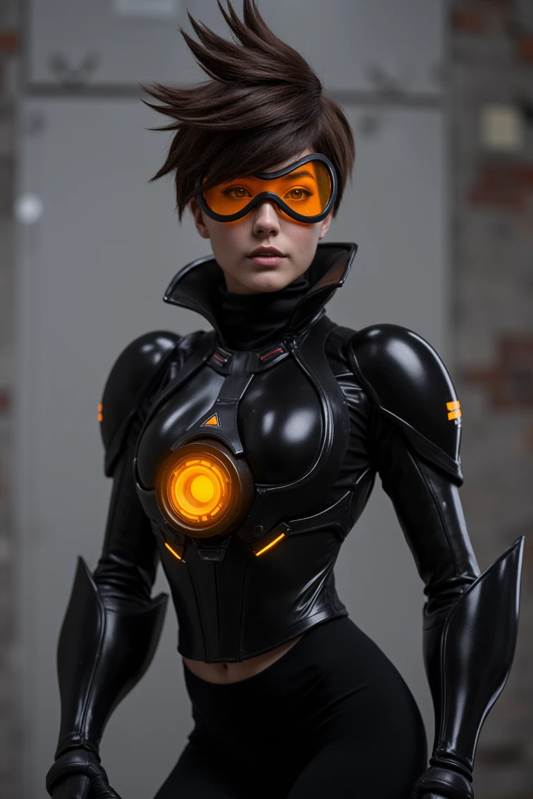 tracer in fully black outfit. With black shiny armor on top, black leggings, orange goggles, and an orange glowing chrono accelerator