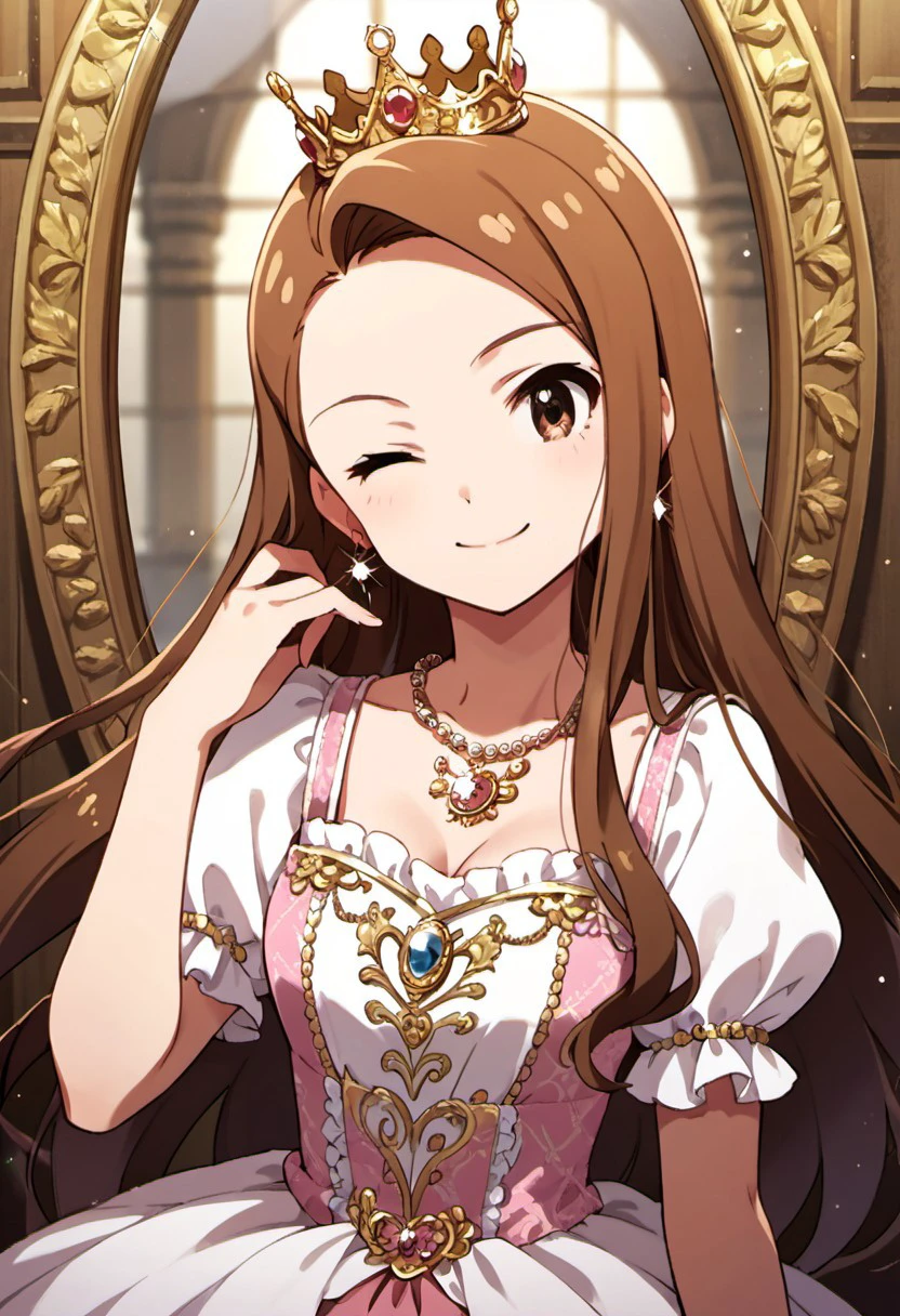 score_9, score_8_up, score_7_up, source_anime,minase iori, long hair, brown hair, brown eyes, 1girl, one eye closed, jewelry, solo, earrings, smile, dress, crown, necklace, ;), looking at viewer, mirror