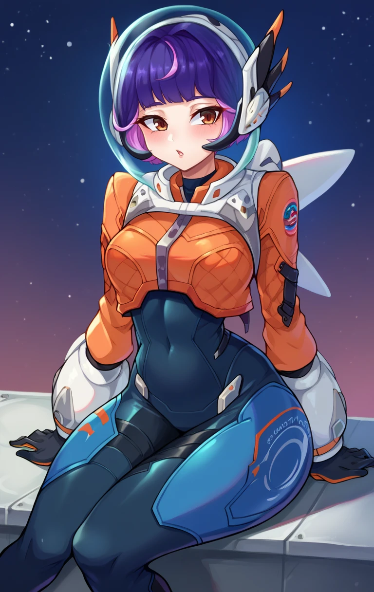 score_9,score_8_up,score_7_up BREAK junoSDXL,<lora:juno-09:1>,1girl,short hair,gloves,pink hair,purple hair,brown eyes,blunt bangs,bodysuit,skin tight,gloves,helmet,spacesuit,space helmet,night sky,cowboy shot, sitting,