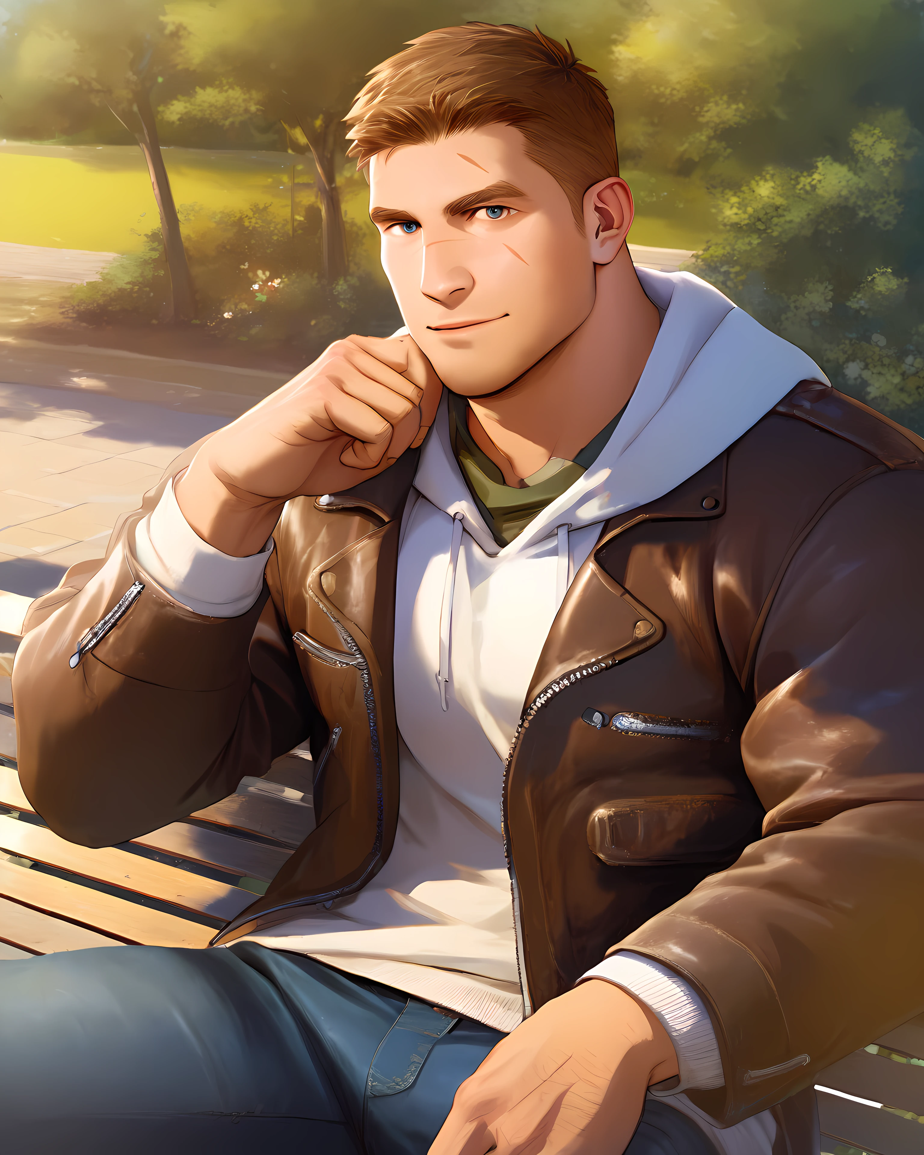 <lora:JD_Fenix_PonyXL-10(1):0.95> jd_fenix, brown hair, outdoor, park, daytime, looking at viewer, jacket, brown leather jacket, jeans, short hair, muscular, bara, scar, sitting on bench, score_9, score_8_up, score_7_up, score_6_up,