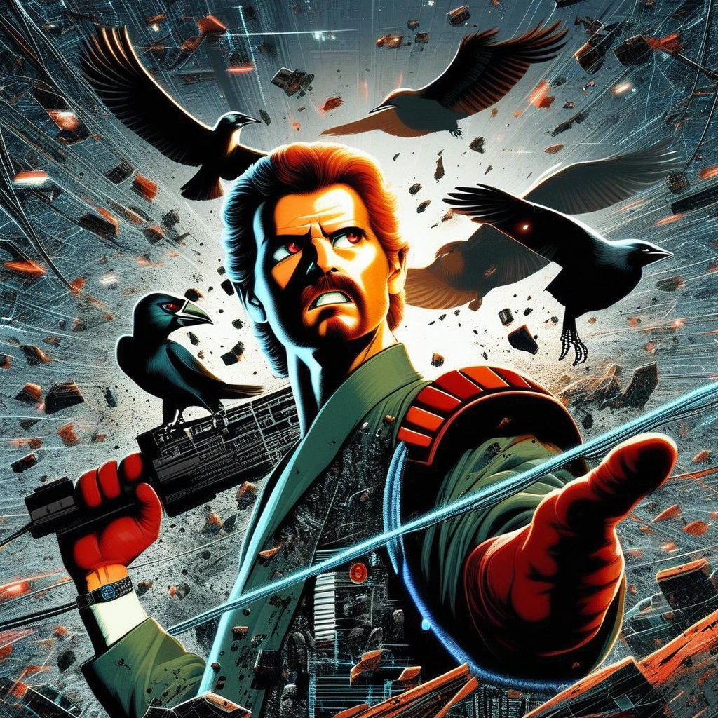 teeth, watermark, mustache, shoulder pads, watch, crow, holding weapon, military uniform, arm tattoo, debris, red gloves, sunburst, shirt, looking to the side, red eyes, Rumble in the Bronx, Martin Riggs, The Matrix, cable