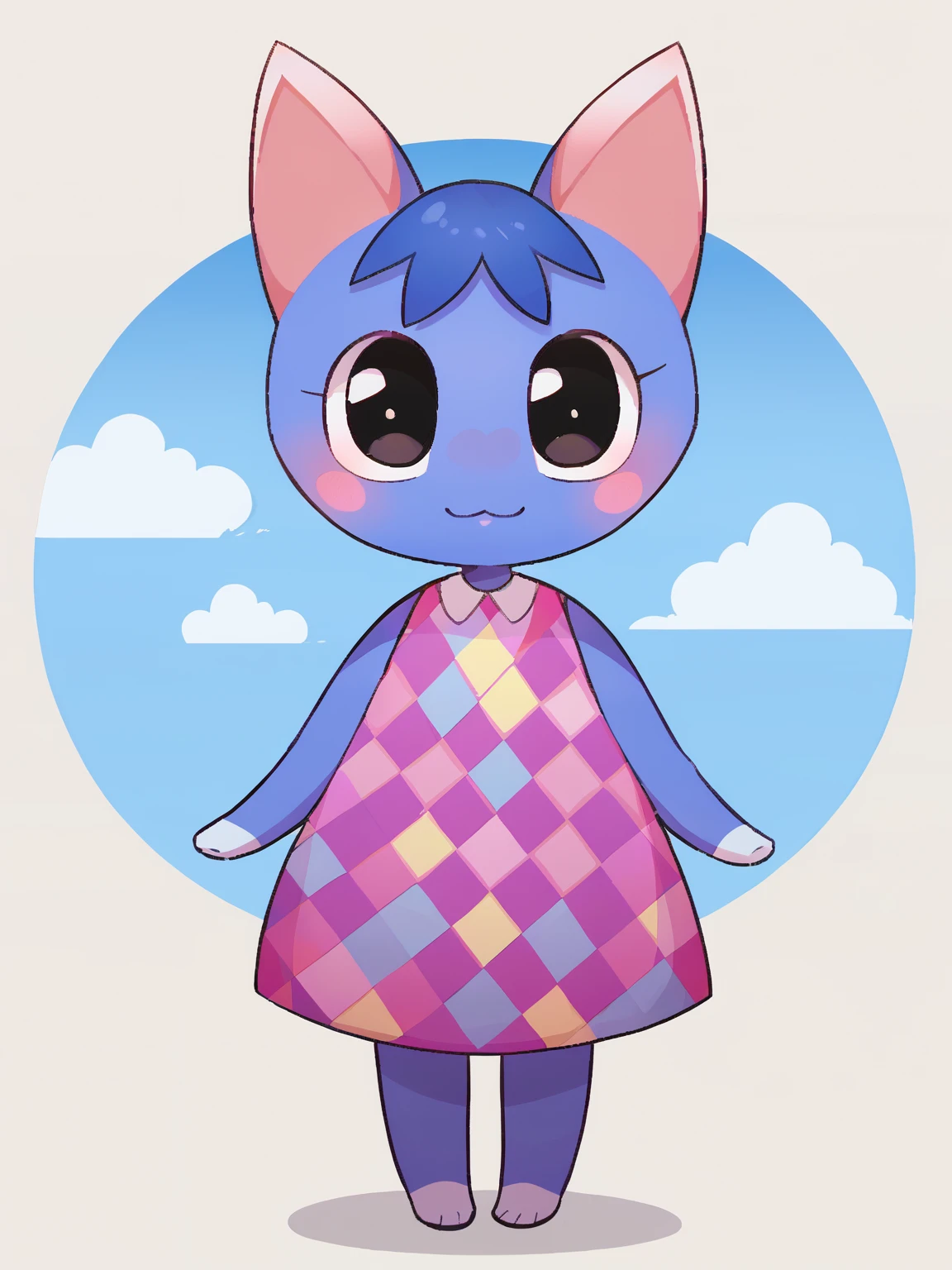 score_9, score_8_up <lora:Rosie-PONY:1> rosie, female, solo, standing, :3, black eyes, argyle dress, looking at viewer, sleeveless dress, cute, sticker blush