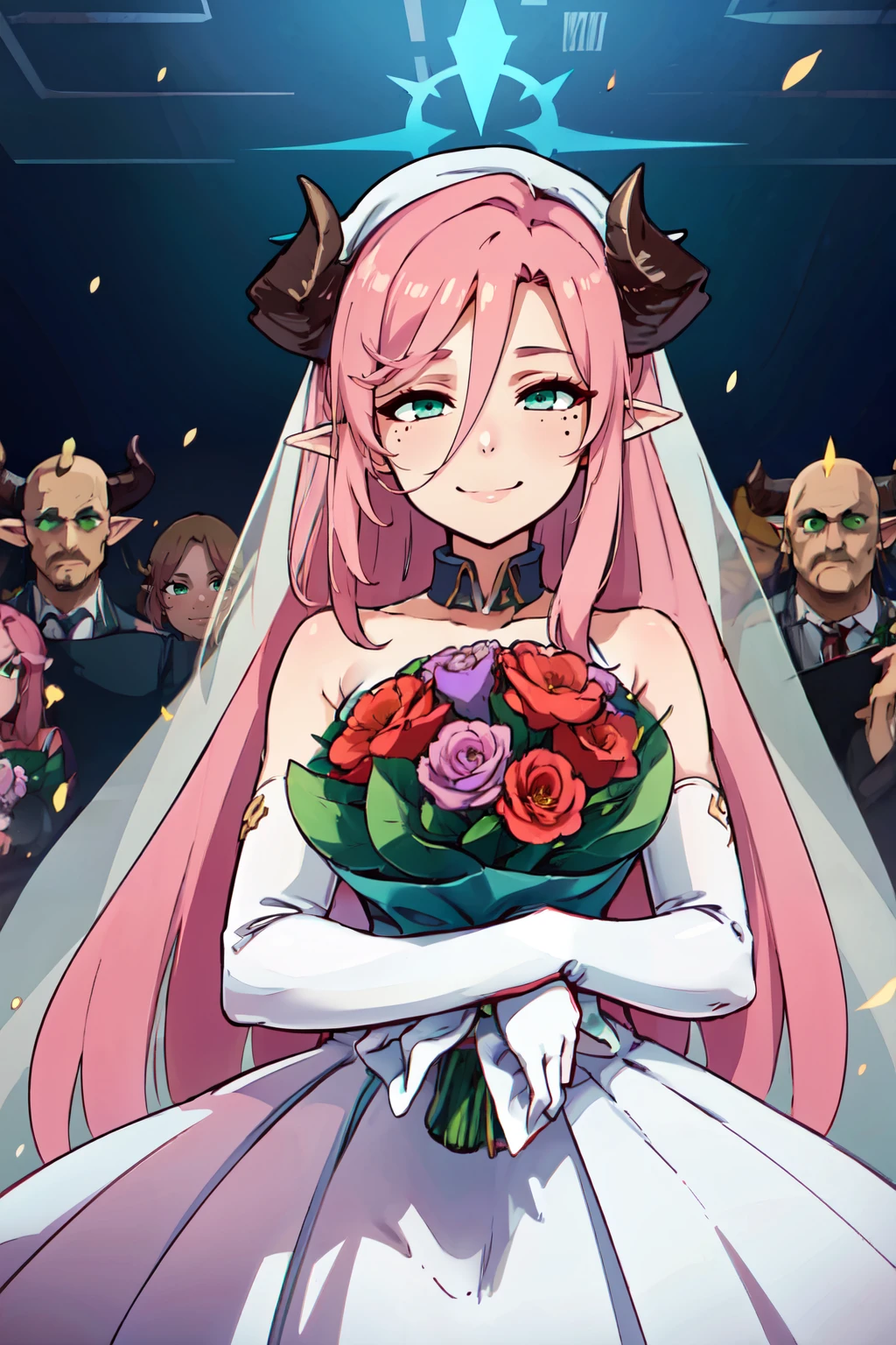 ((masterpiece,best quality)), absurdres,  BREAK, , <lora:Juri_BlueArchive_Citron:0.8>, zzJuri, horns, long hair, pink hair, pointy ears, hair between eyes, halo, demon horns, very long hair, mole under eye, green eyes, BREAK, bride, wedding dress, bridal veil, strapless dress, elbow gloves, holding bouquet,, BREAK, solo, smile, looking at viewer, cowboy shot,