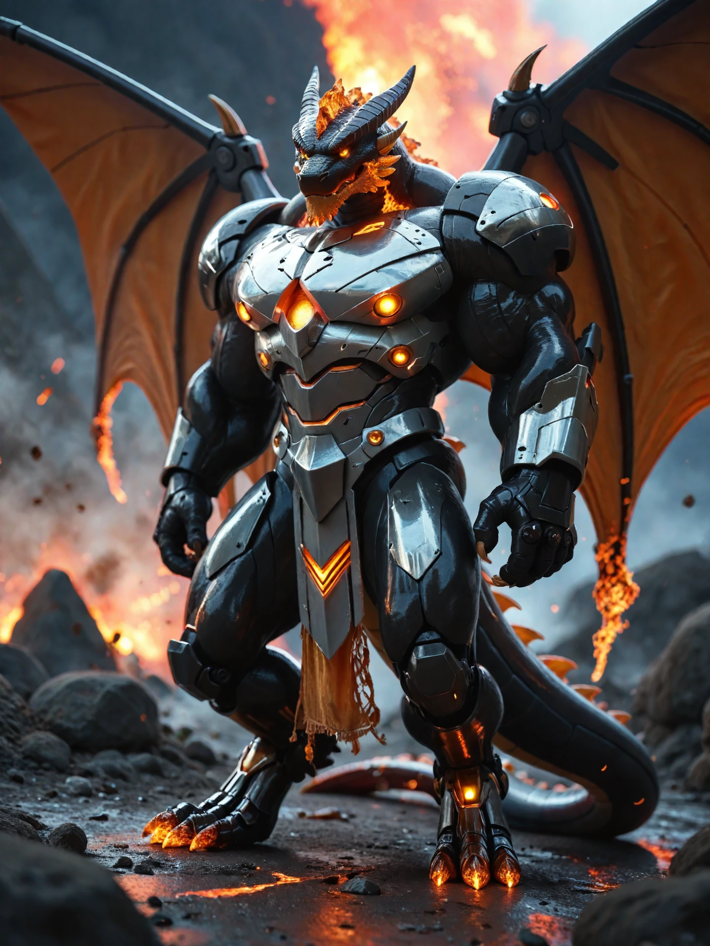 (mecha:1.1), (cybrog), anthro, dragon, male, black body, silver torse, shiny, full body, Muscle, Delicate face, Delicate eyes, 1 tail, glowing LED:1.1, energy, digitigrade, outdoors, (thunder), barazoku, hyper muscle, outside, (volcano), loincloth, lava, (armor), lighting, sky,
BREAK score_9_up,score_8_up,score_7_up,score_6_up,score_5_up,score_4_up,
