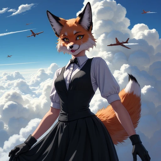 gloves, armpits, aircraft, black sclera, navel, cloud, black dress, fox tail, tongue, shirt