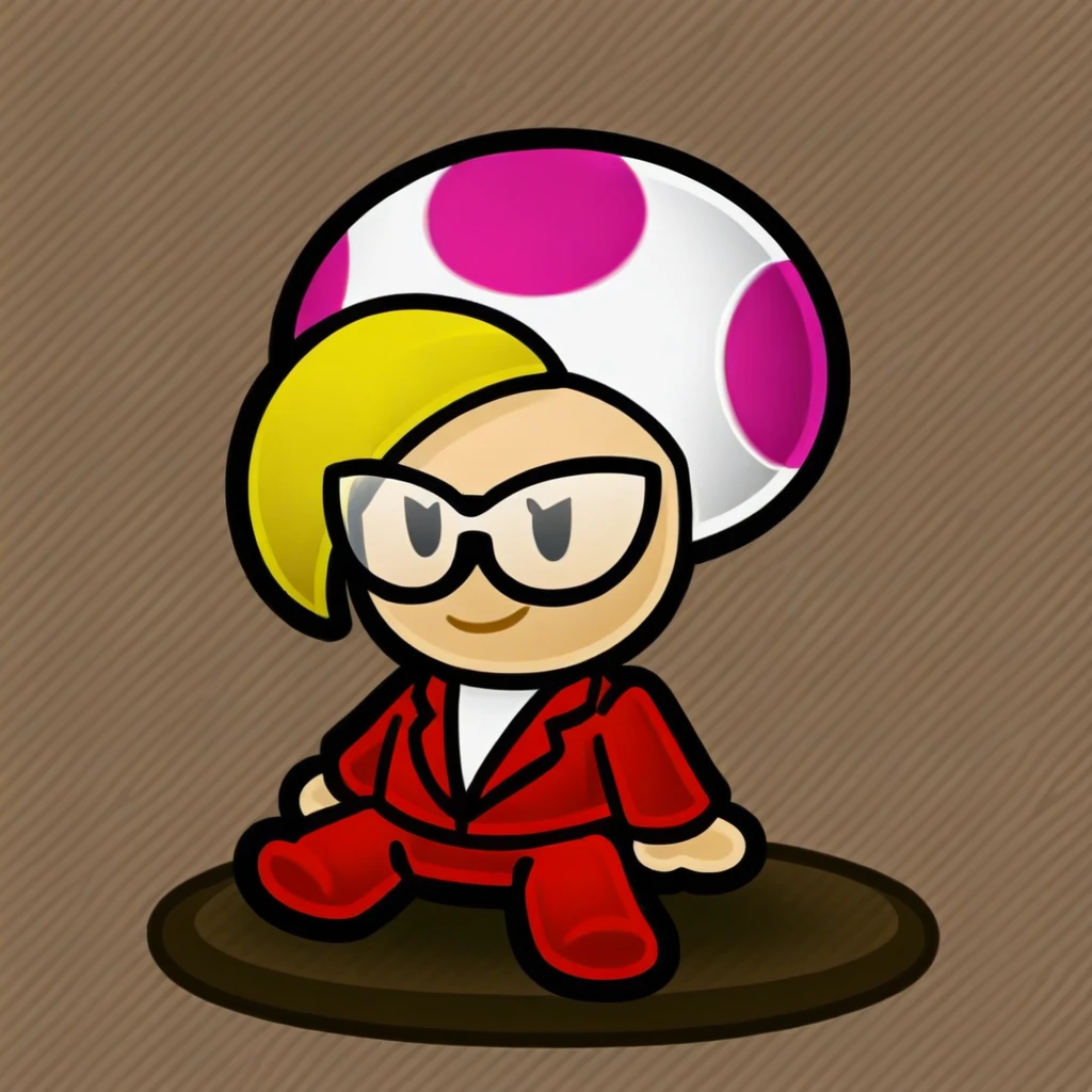 score_9, solo, jolene_tyd, blonde hair, glasses, suit, chibi, smirk, sitting,