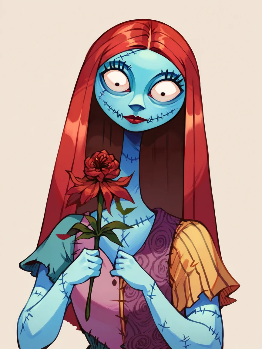 score_9, score_8_up, score_7_up, score_6_up, score_5_up,  <lora:sallyXLP:1> sally, 1girl, stitches, solo, blue skin, long hair, red hair, dress, holding flower