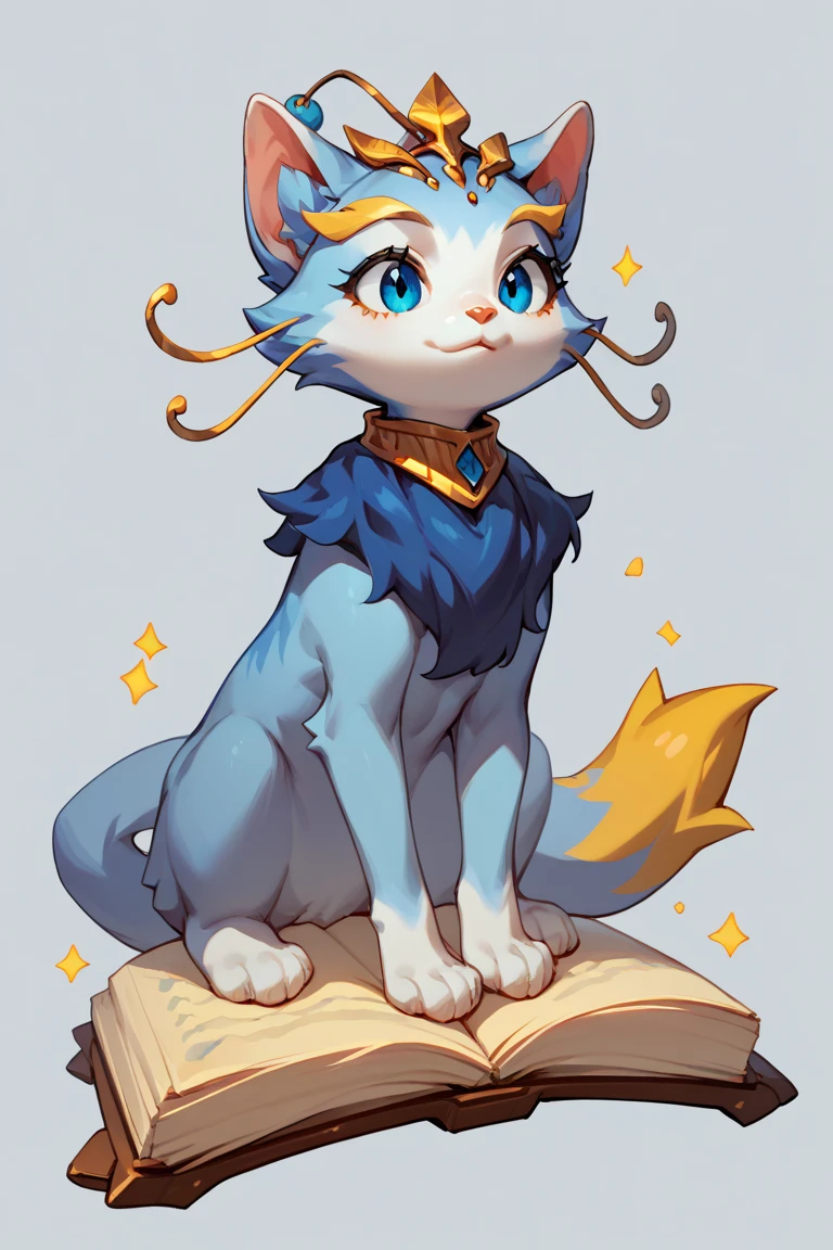 <lora:Yuumi_League_of_Legends:1> yuumi-default, 1girl, feline, quadruped, yellow whiskers, yellow tail tip, blue chest tuft, headgear, solo, riding book, floating object, rating_safe, score_9, score_8_up, score_7_up, score_6_up, score_5_up, score_4_up, high quality, best quality