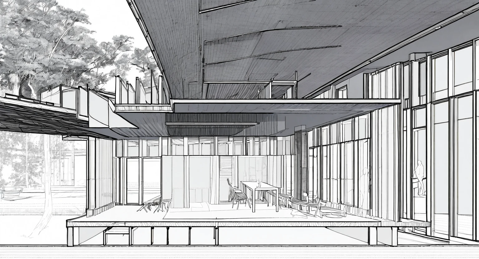 best quality, good quality, architecture, a section perspective drawing of a house with a roof and a porch area with a table and chairs and a bench, a tree grows in the atrium surrounded by a rotated slope, David Chipperfield, archdaily, modernism