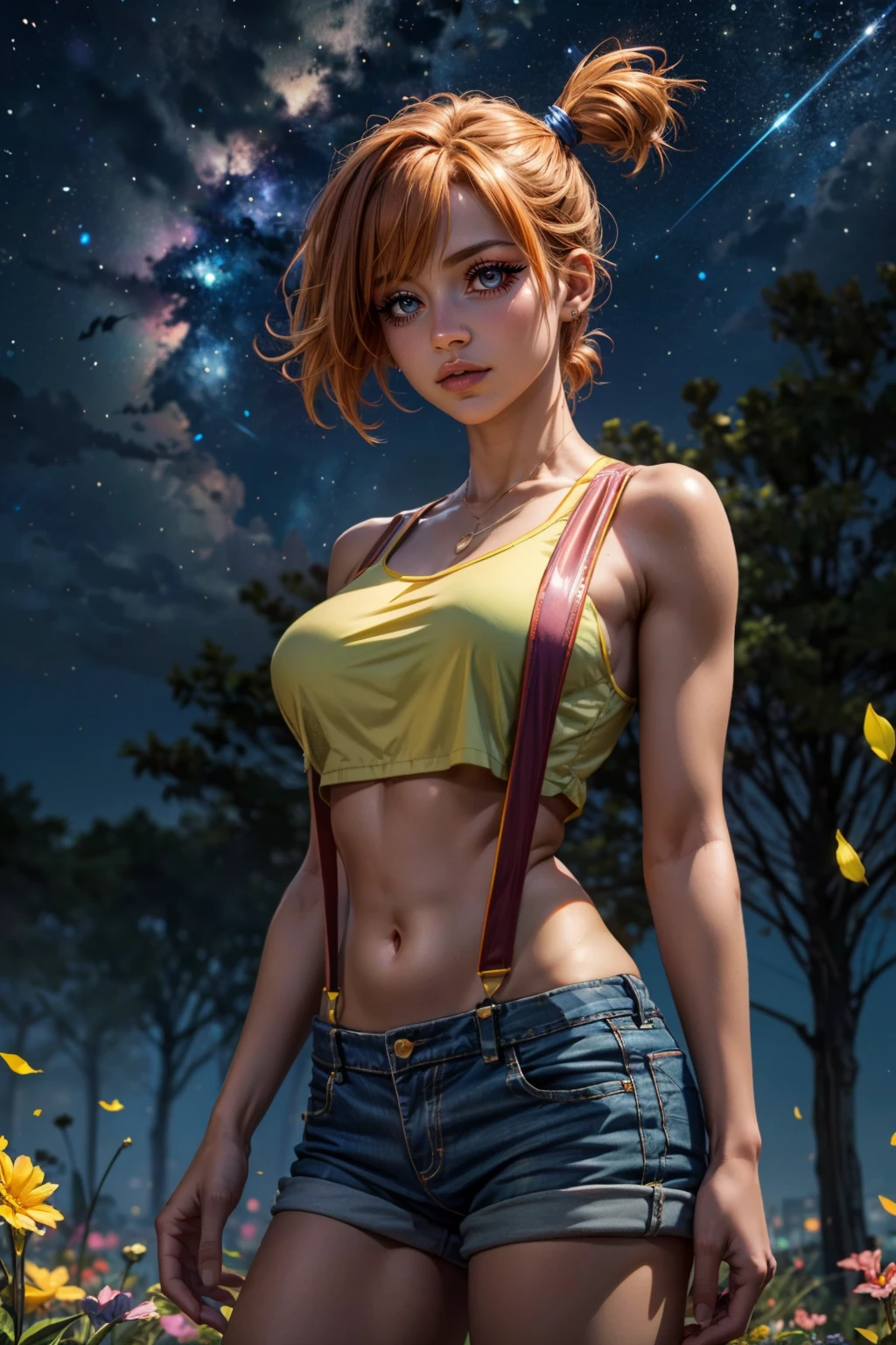 misty, masterpiece, highres, best quality, ultra-detailed, adult, mature, perfect lighting, female, 1girl, city, night, galaxy, moon, dark, smile yellow shirt, crop top, suspenders,