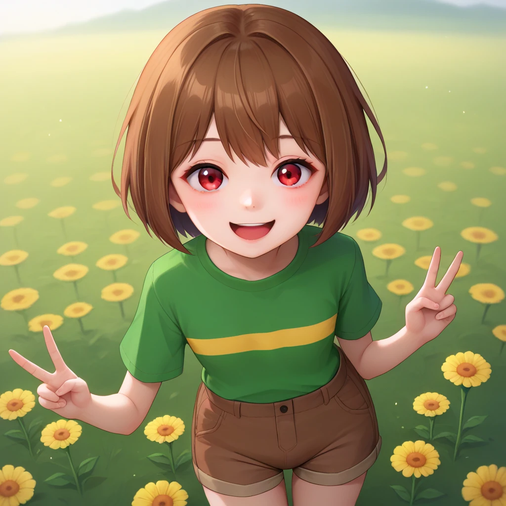 1girl, <lora:charalora:0.9>, solo, green shirt, short sleeves, yellow striped, red eyes, brown hair, short hair, shorts, brown shorts,
smile, happy,
<lora:STYL-Expressive_H-000001:0.1>, <lora:TOOL-StS_age_slider_v1_initial_release:-2>,
<lora:STYL-style_blend_25d_528_d32:0.4>, <lora:STYL-Smooth Anime Style LoRA XL:0.4>, BREAK
score_9, score_8_up, score_7_up, outdoor, peace sign, golden flower, yellow flower, from above, holding yellow flower, holding flower, flower field,