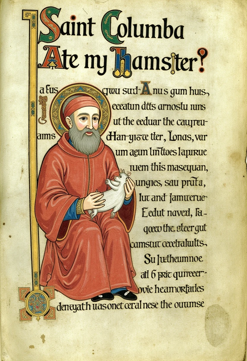 BookOfKells, full page with (title text "Saint Columba Ate My Hamster!":1.45) from a medieval illuminated manuscript, with a large illustration portrait of an old monk holding a hamster, mimicking a tabloid newspaper