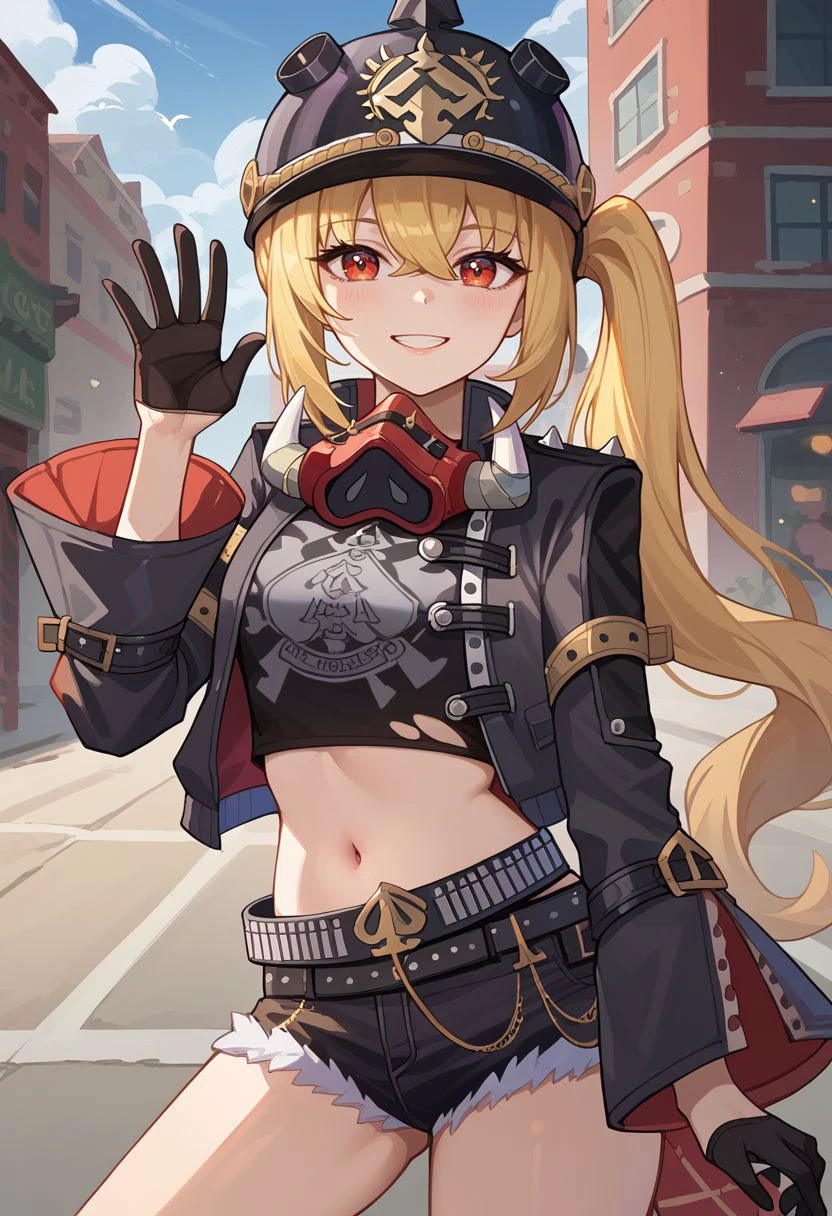 score_9, score_8_up, score_7_up, source_anime, 1girl, lucydef, red eyes, blonde hair, long hair, side ponytail, helmet, black headwear, mask around neck, black jacket, open jacket, cropped jacket, crop top, torn clothes, midriff, navel, long sleeves, black gloves, belt, short shorts, black shorts, denim shorts, fur trim, chain, black footwear, knee boots, high heel boots, standing, smile, grin, looking at viewer, waving, outdoors, portrait, close-up, upper body, facing viewer, <lora:Lucy_v1-000010:1>