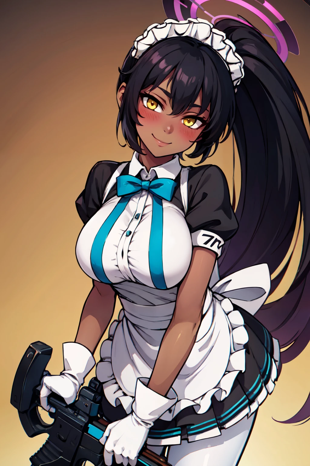 ((masterpiece,best quality)), absurdres,  BREAK, , <lora:Karin_BlueArchive_Citron:0.8>, zzKarin, black hair, dark-skinned female, long hair, yellow eyes, breasts, large breasts, halo, very long hair, bow, ponytail, blue bow, maid headdress, puffy short sleeves, white gloves, white pantyhose, black footwear, bowtie, black dress, frills, high heels, maid apron, holding gun , BREAK, leaning forward, head tilt, blush, upper body,, BREAK, solo, smile, looking at viewer, cowboy shot,