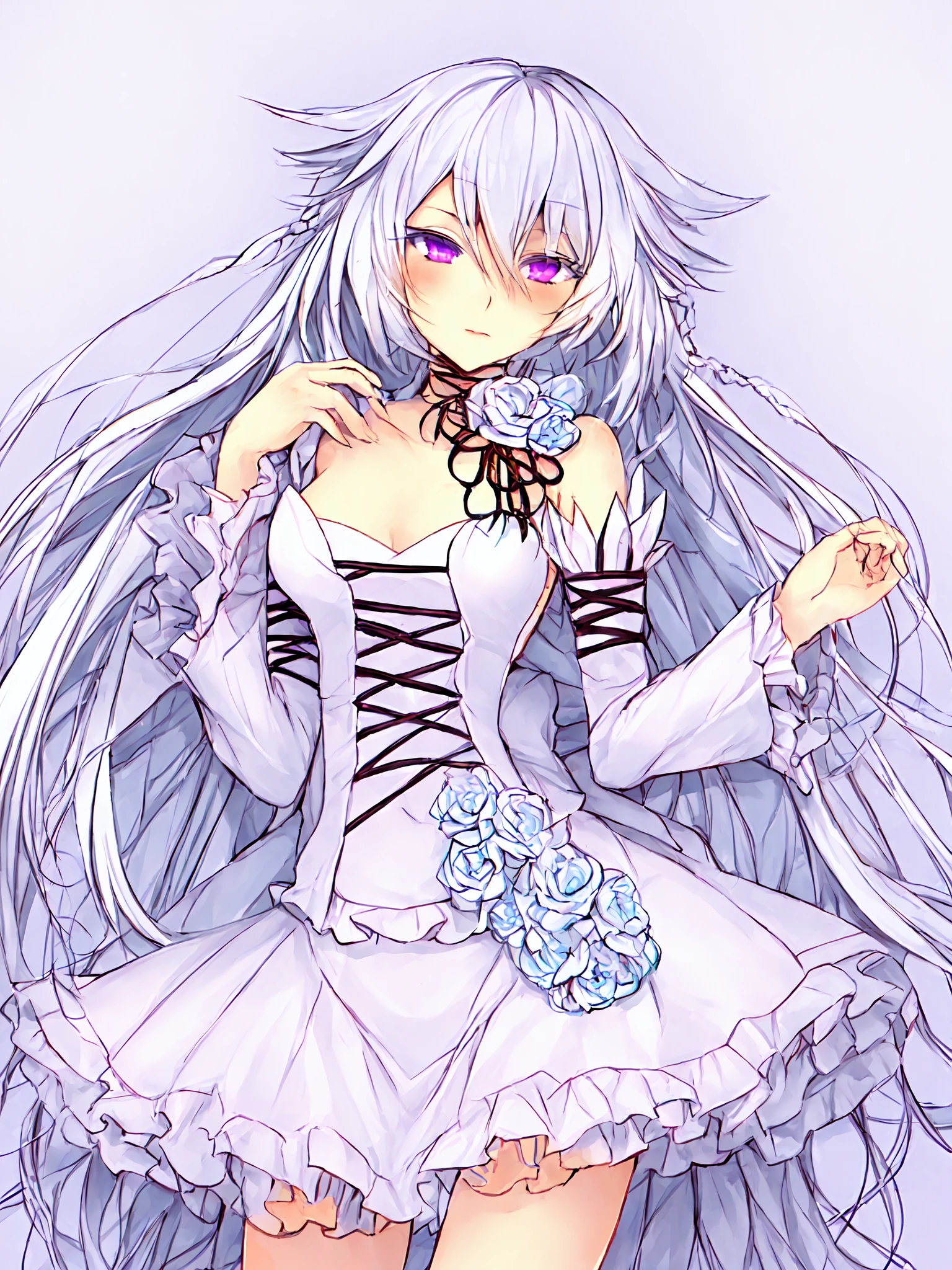 <lora:Will_of_the_Abyss:1>,  will_of_the_abyss, flower, detached sleeves, frills, braid, twin braids ,white dress, breasts, 1girl,  solo, barefoot, long hair, purple eyes, (exceptional, best aesthetic, best quality, masterpiece, extremely detailed),