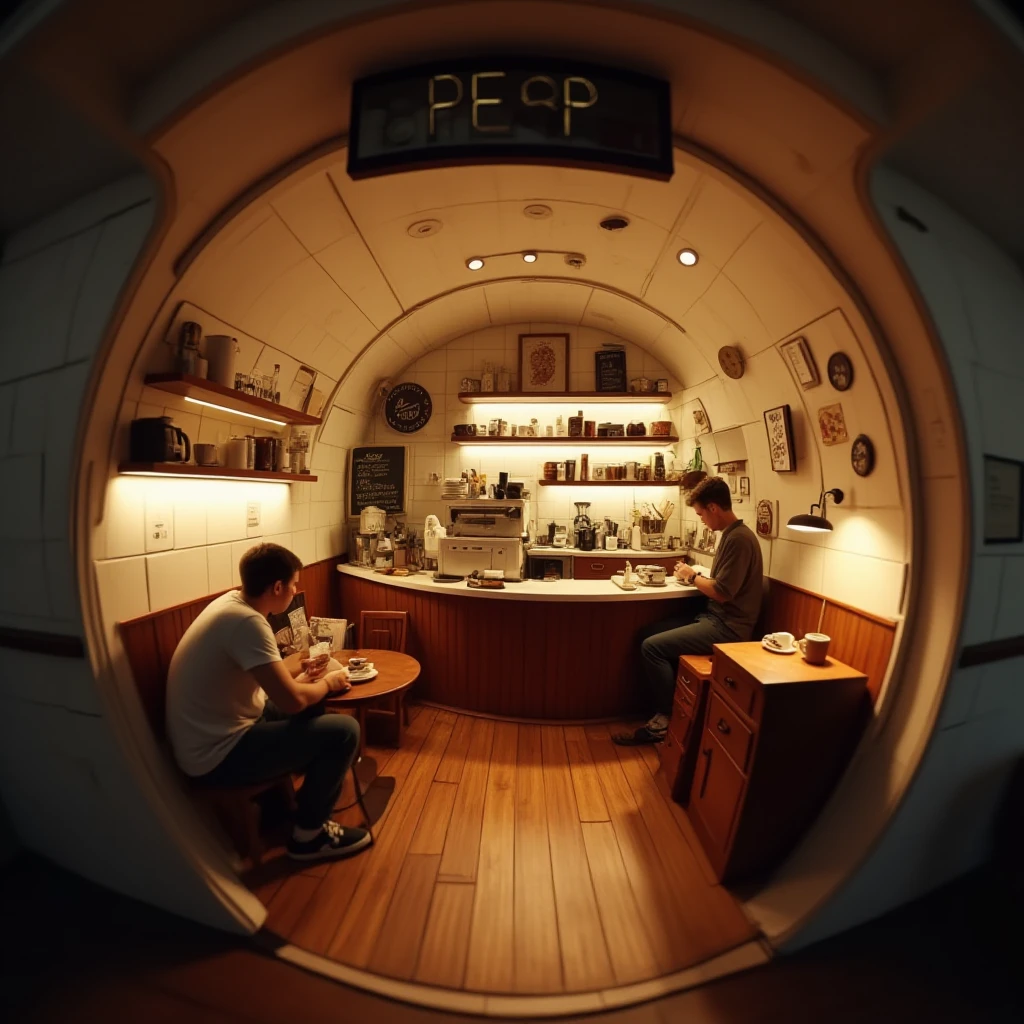 cinematic film still professional 3d model  <lora:lora-2..000008.TA_trained:1>A circular, tunnel-like café diorama with a barista behind a curved counter, making coffee. The rounded walls feature shelves with cups and coffee jars, while a small menu board is visible. A customer sits at a tiny table enjoying their drink. Soft, cozy lighting fills the space, and the fisheye perspective draws the viewer into this intimate café moment. . octane render, highly detailed, volumetric, dramatic lighting . shallow depth of field, vignette, highly detailed, high budget, bokeh, cinemascope, moody, epic, gorgeous, film grain, grainy
