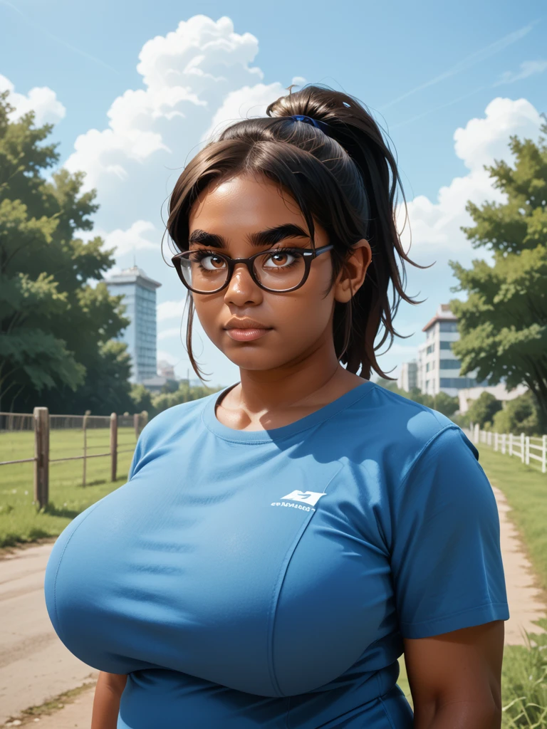 score_9,score_8_up,score_7_up,(chubby:1.1),bbw,(portrait:1.3),realistic skin,big_eyes,perfect eyes,
dark skin,brown eyes,glasses,thick eyebrows,ponytail,shirt,black hair,tomboy,(huge breasts:1.3),scenery,sky,tree,cloud,outdoors,building,shortstack,grass,fence,cloudy sky,bush,plant,latina,puffy_lips,<lora:Elena_Hernández:0.7>,smirk,sagging breasts,