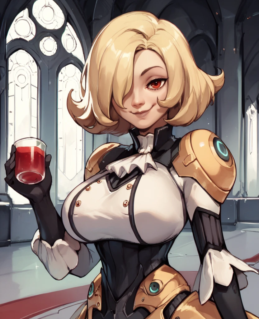 score_9,score_8_up,score_7_up,score_6_up,
phoebexl,red eyes,blonde hair,medium hair,hair over one eye,smug,
dress,gloves,large breasts,
smile,looking at viewer,
holding cup,
indoors,solo,
science fiction,castle,<lora:PhoebeXL:1>,