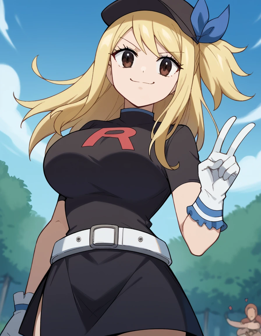 score_9, score_8_up, score_7_up, source_anime, lucyheartfilia, <lora:lucy-heartfilia-s7-ponyxl-lora-nochekaiser:1>, lucy heartfilia, blonde hair, brown eyes, long hair, one side up, ribbon, hair ribbon, blue ribbon, large breasts,, <lora:team-rocket-uniform-ponyxl-lora-nochekaiser:1>, team rocket uniform, black hat, black shirt, black skirt, white belt, white gloves, single letter,, smile, smug, v, outdoors,, cowboy shot, dutch angle, looking at viewer,