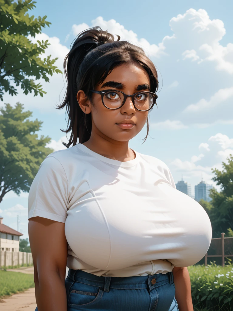 score_9,score_8_up,score_7_up,(chubby:1.1),bbw,(portrait:1.3),realistic skin,big_eyes,perfect eyes,
dark skin,brown eyes,glasses,thick eyebrows,ponytail,shirt,black hair,tomboy,(huge breasts:1.3),scenery,sky,tree,cloud,outdoors,building,shortstack,grass,fence,cloudy sky,bush,plant,latina,puffy_lips,<lora:Elena_Hernández:0.7>,smirk,sagging breasts,