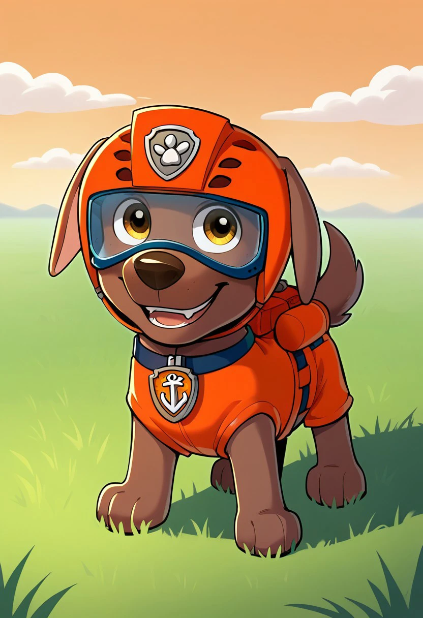 BREAK Score_9_up, Score_8_up, Score_7_up, source_anime, 1boy, solo, Zuma_Pp, dog, feral, wild, dark blue necklace, brown fur, amber eyes, dark blue necklace, orange water helmet, orange vest, orange shorts, grass, day,