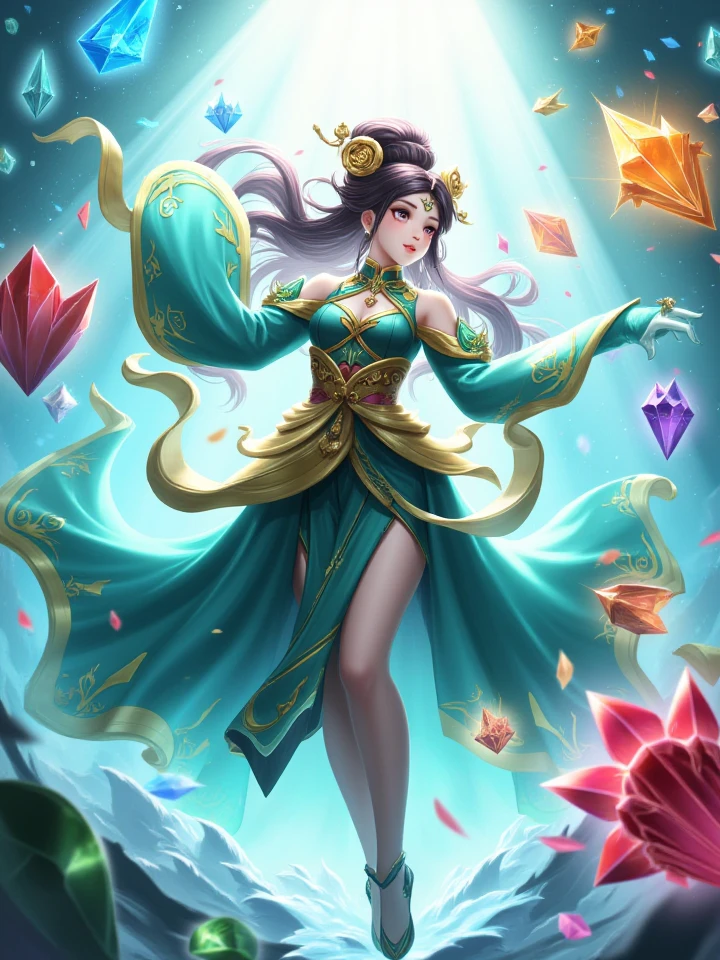 ((High-quality CG, Chinese painting style), (one female), full body picture, character standing painting, a beautiful fairy dancing in the magnificent sky, beautiful and gorgeous posture, beautiful appearance like a flower, dressed in gorgeous clothes, like the first bloom of snow lotus, eyes shining happily, full of light, brilliant magic array surrounding, containing oriental aesthetics, gorgeous fairy clothes, exquisite posture, long hair like a waterfall, white light flashing, dreamy clouds, C4D, OC rendering, movie edge light, fine light, masterpiece, super detail, epic composition, ultra HD, high quality, 32k
