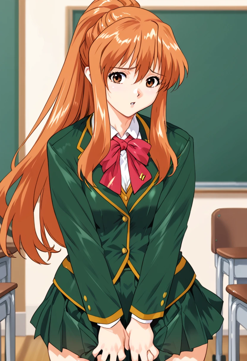 score_9, score_8_up, score_7_up, score_6_up, score_5_up, score_4_up, masterpiece, best quality, BREAK,
1girl, indoors,   <lora:Moriyama_Ikumi_Chaos_Queen_Ryouko_3:1> m ikumi, orange hair female, , ponytail, school uniform, (cowboy shot),  <lora:TruckKun_Style_Lora_V3:0.8>