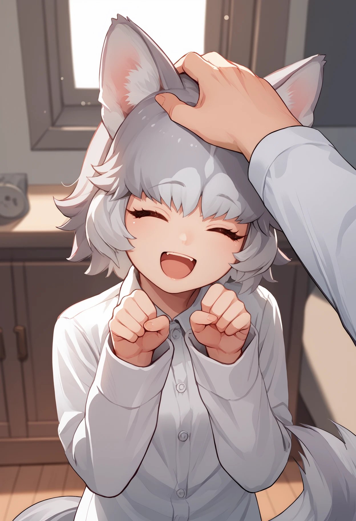 score_9, score_8_up, score_7_up, source_anime, <break> headpat, pov hands, solo focus, 1girl, dom3sticd0g, dog tail, happy, open mouth, paw pose, short hair, two-tone hair, white hair, grey hair, animal ears, closed eyes, white shirt, collared shirt, long sleeves, indoors
<segment:yolo-face_yolov8m.pt,0.4,0.5//cid=1>