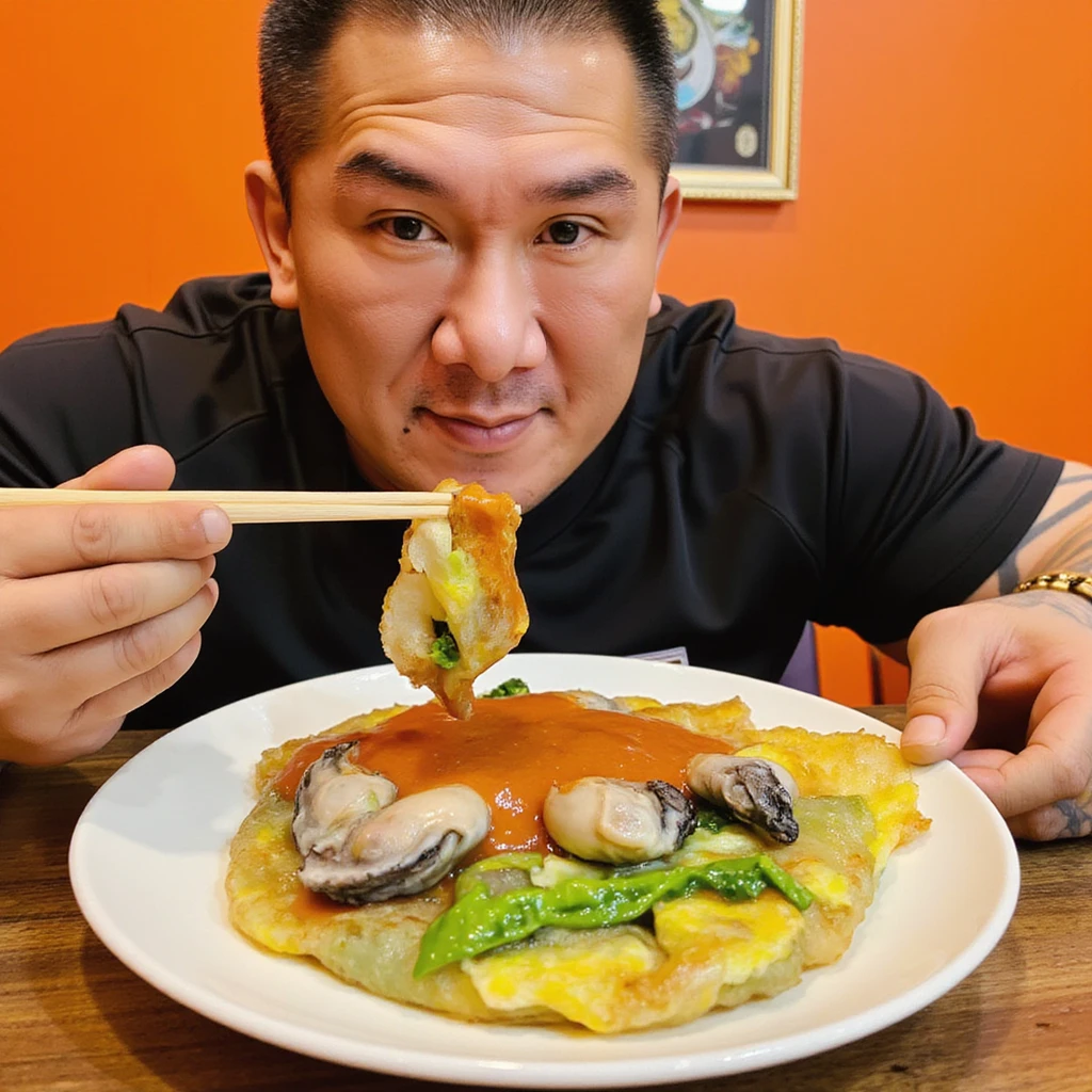 Close-up food photography of Taiwanese oyster omelette (O-a-jian), served on a white round plate, golden-green egg batter with clearly visible plump fresh oysters, vibrant green leafy vegetables scattered throughout, semi-translucent texture, bright red tomato sauce covering half the dish, glistening oysters on top. A middle-aged Asian man in casual attire is visible from the chest up, seated at a restaurant table, leaning slightly forward with chopsticks in hand, about to take a bite of the oyster omelette. His expression shows anticipation and enjoyment. Warm lighting enhances colors and textures, shallow depth of field focusing on both the dish and the man's face, orange-toned background suggesting restaurant setting, high-resolution image capturing intricate details of the food and the diner's interaction with it