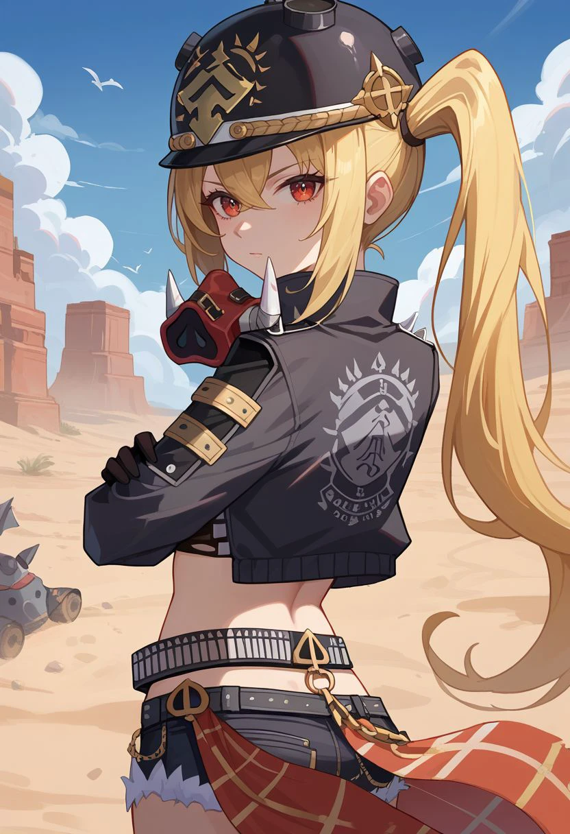 score_9, score_8_up, score_7_up, source_anime, 1girl, lucydef, red eyes, blonde hair, long hair, side ponytail, helmet, black headwear, mask around neck, black jacket, open jacket, cropped jacket, crop top, torn clothes, midriff, navel, long sleeves, black gloves, belt, short shorts, black shorts, denim shorts, fur trim, chain, standing, serious, closed mouth, looking at viewer, outdoors, desert, portrait, close-up, upper body, from behind, back, looking back, crossed arms, <lora:Lucy_v1-000010:1>