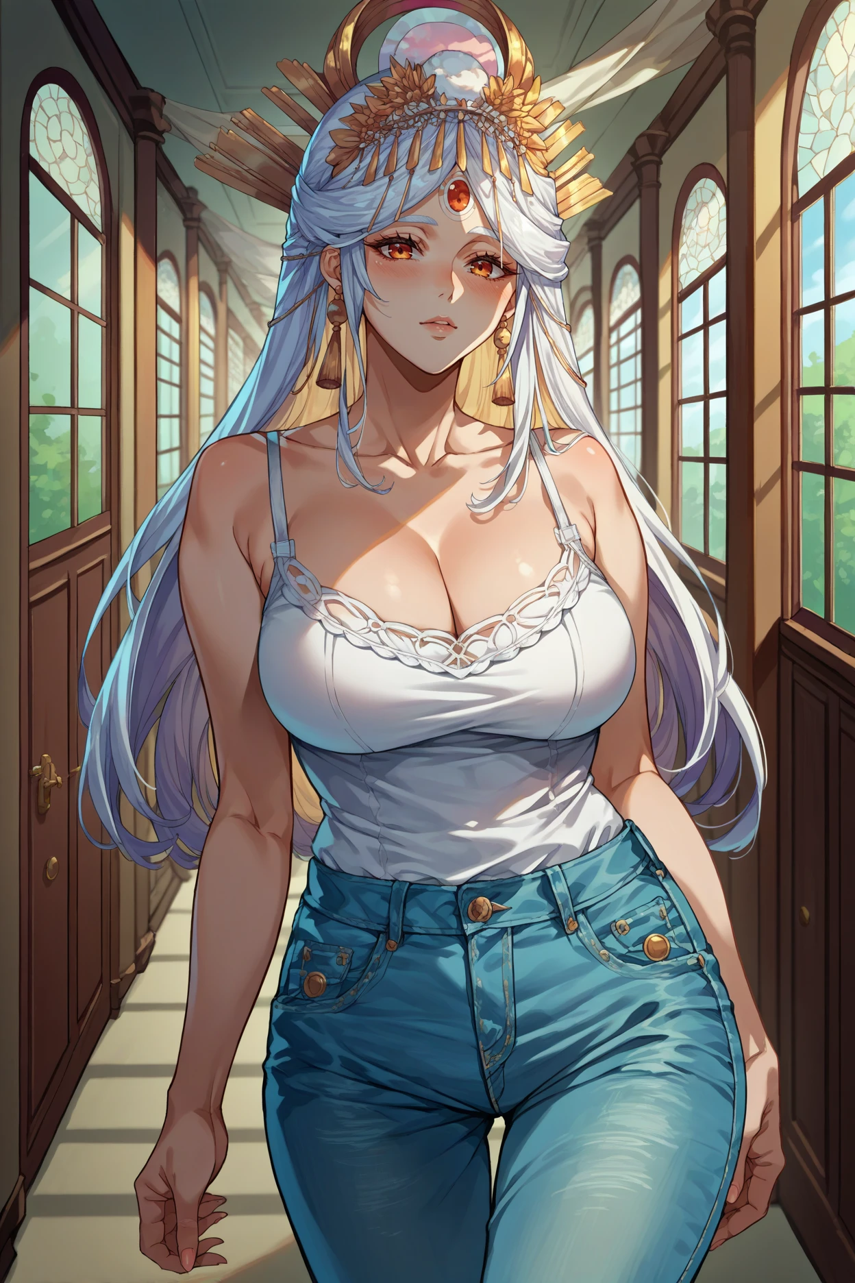 1girl, alone, mei mei, masterpiece, best quality: 1.2), smile, red lips, looking at viewer, ponytail, clothing_cut, single_braid, no_bra, high collar, central_opening, long_dress, side locks, single, (clavicle), tight clothing, outdoors, long sleeves, (long_locks), (thick_locks), ((the skirt has gold buttons)), bare_neckline , head tilted, silver hair, she is in the center of the picture, cowboy photo, sitting, ((shirt open, clothes open)), (((hand on chin))), high-waisted skirt, looking at viewer, from the front, pov (from below), big breasts, medium waist, wide hips, medium thighs, round butt, outdoors, bench, perfect anatomy, perfect hands