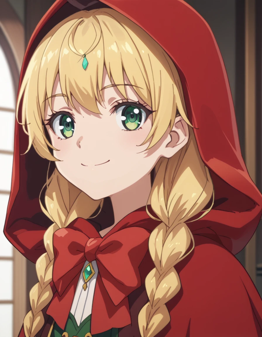 score_9, score_8_up, score_7_up, score_6_up, score_5_up, score_4_up, source_anime  <lora:ProfessedHerselfPupiloftheWiseMan:1> soft smile, portrait  Amalette, long hair, blonde hair, green eyes, red bow, twin braids, red cloak, red hood,