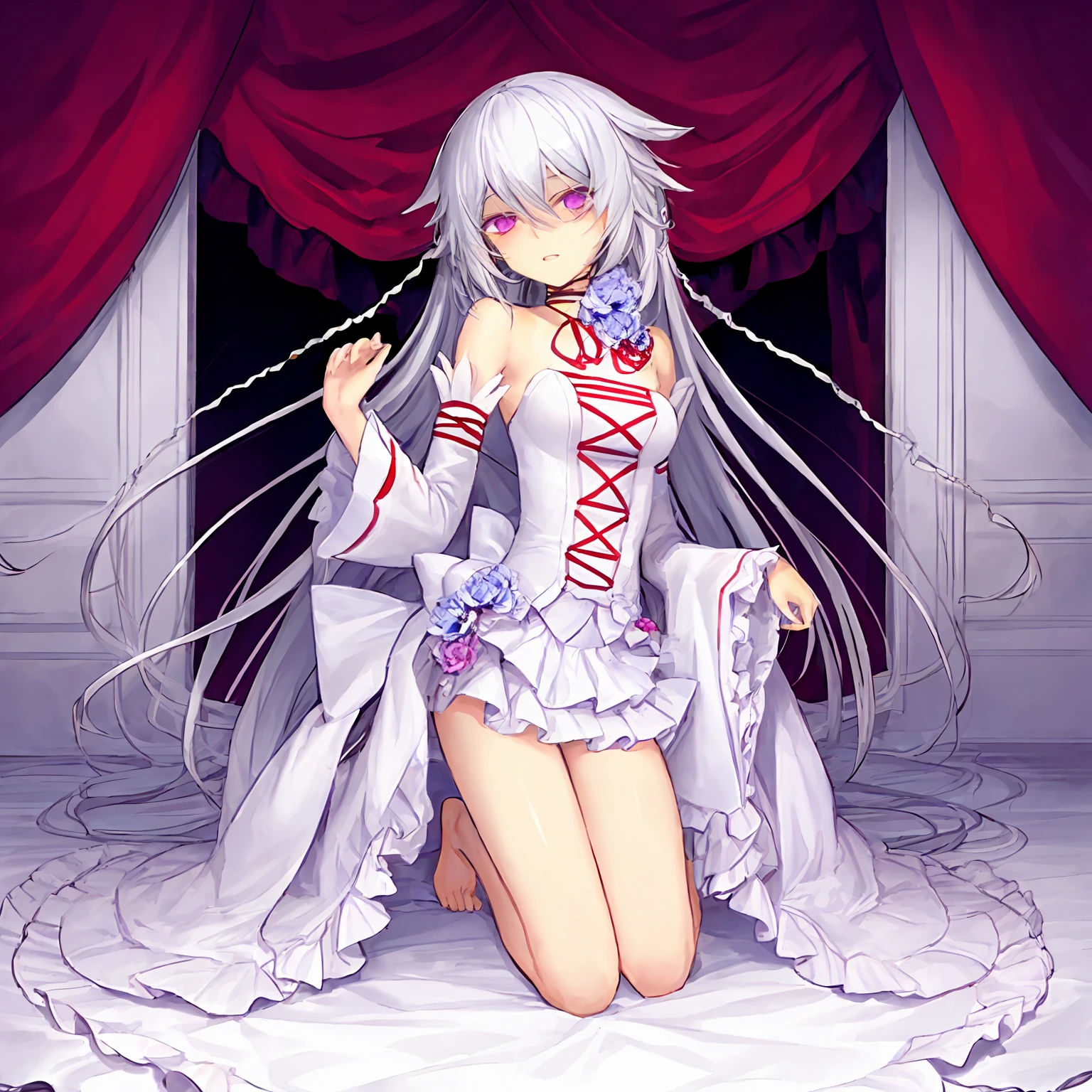 <lora:Will_of_the_Abyss:1>,  will_of_the_abyss, flower, detached sleeves, frills, braid, twin braids ,white dress, breasts, 1girl,  solo,  long hair, purple eyes, (exceptional, best aesthetic, best quality, masterpiece, extremely detailed), kneeling, barefoot,