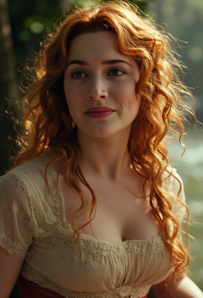 subtle grain, cinematic quality, professional portrait of kate winslet, dress, makeup, red hair, fine art photography, film still, movie scene, outdoors, smile,