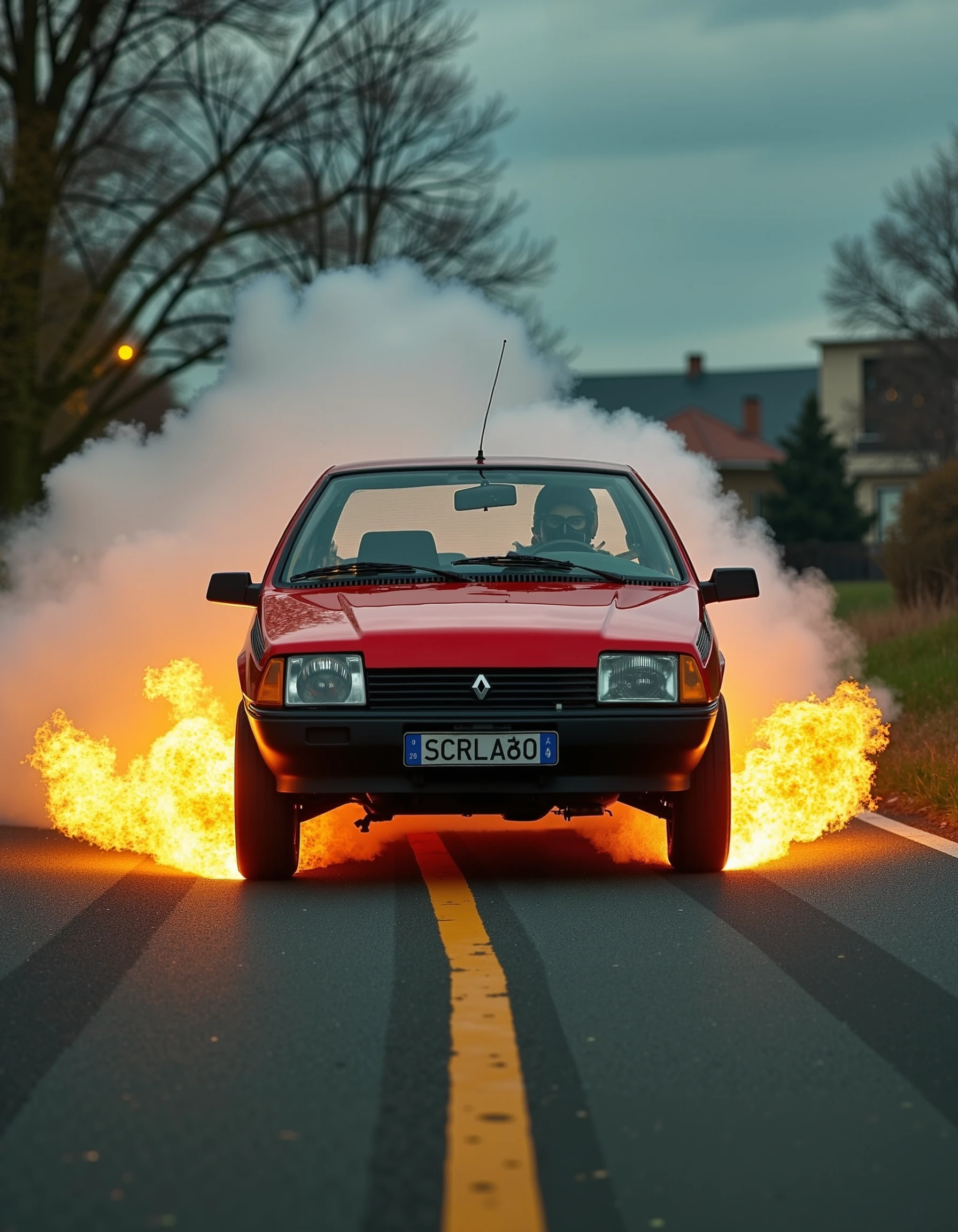 A dramatic image shows a bright red RenaultFuego car speeding down a paved road, leaving a trail of fiery flames in its wake. The car's tires smoke and its wheels spin rapidly, as if hovering above the ground. The background is blurred, with trees and buildings reduced to a fuzzy green and gray haze. The dark sky above is ominous, with gray and black clouds illuminated by the fiery trail. A mysterious figure, clad in a helmet and dark sunglasses, sits behind the wheel. Their face is obscured, but their posture exudes focus and determination. The scene radiates adrenaline, speed, and power, as if the car and its driver are unstoppable. Flames dance across the asphalt, casting a golden glow on the surrounding environment., 