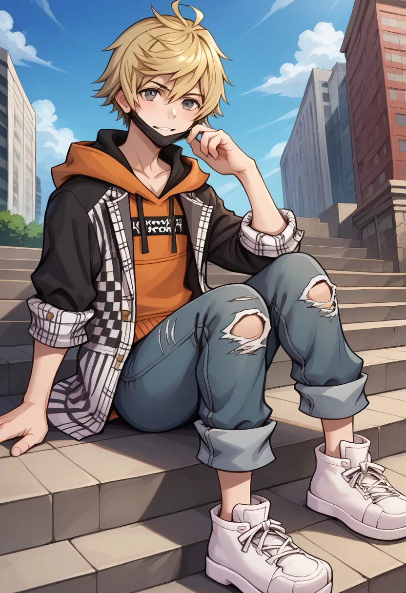 score_9, score_8_up, score_7_up, source_anime, highly detailed, 
rindokanade, solo, blonde hair, 1boy, male focus, shoes, pants, hood, sneakers, mask, torn pants,
torn clothes, torn jeans, hoodie, orange hoodie, mouth mask, denim, jeans, jacket, looking at viewer, hood down, grey eyes, mask pull, white footwear,
outdoor, sky, cloud, building, stairs, sit,