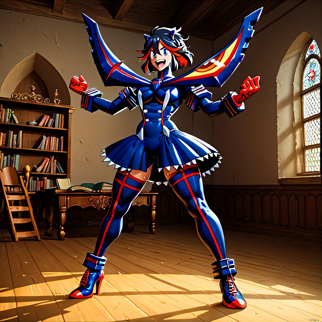 zPDXL2,, kill la kill, matoi ryuuko, in a magical library, medieval , gothic architecture,  dim lighting,  night, book, solo, exercise, working out , sweat, happy, ^o^, open mouth, xd,,1girl,solo, (by bkm) BREAK ,, butler suit, gloves, monocle,, sfw, masterpiece, best quality,absurderes