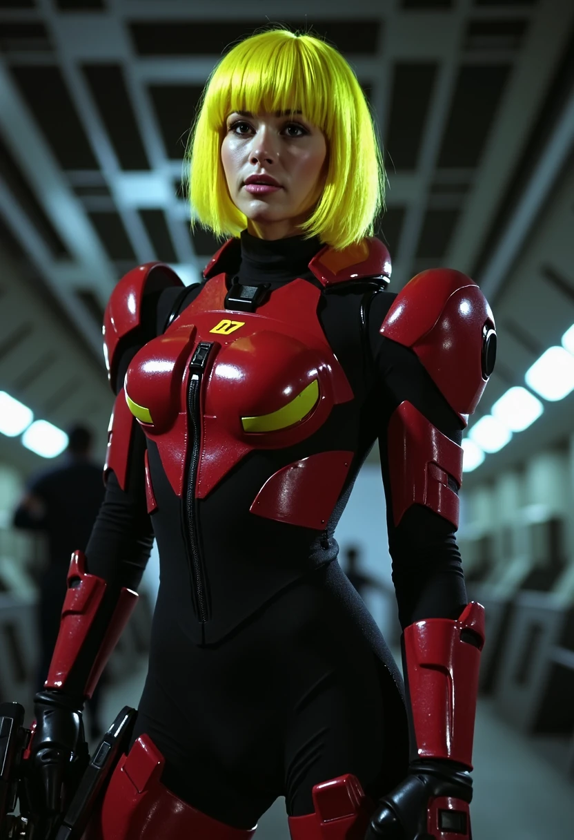 japanese female sci-fi with cyber implants, neon yellow bob cut hair, red N7 (sourece Mass Effect video games) power armor with yellow accents over black bodysuit, assault weapon slung over her back, standing in a mech hangar, directioinal lighting