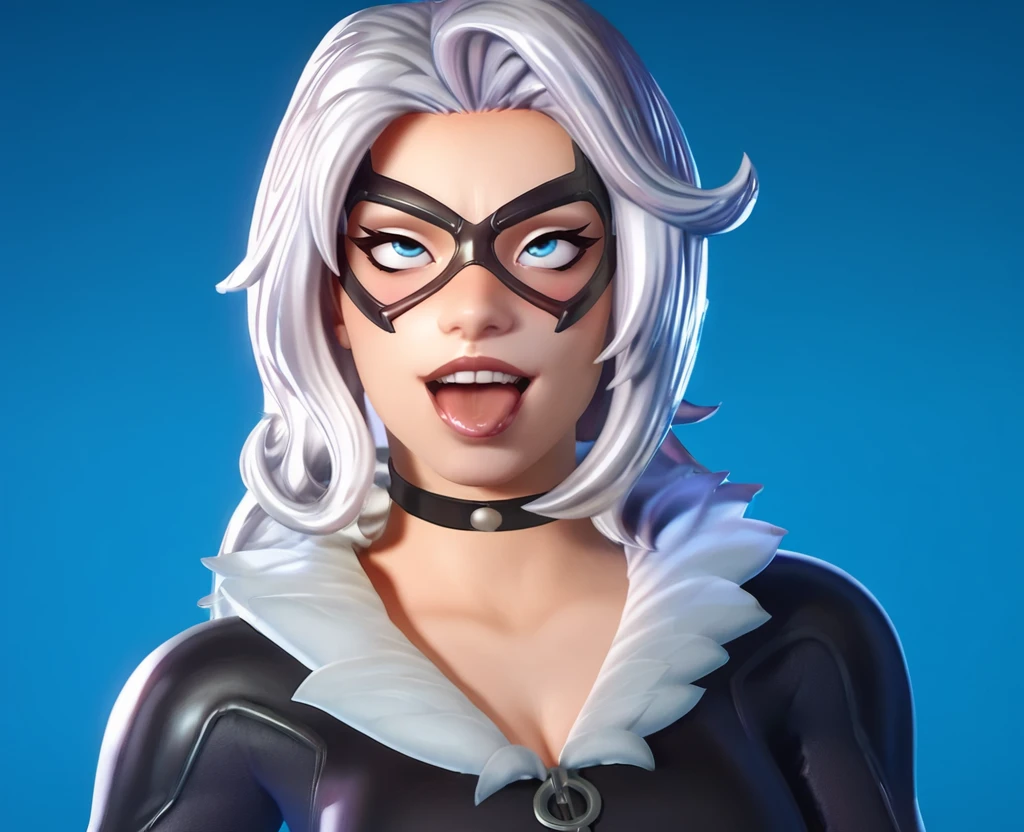 score_9, score_8_up, score_7_up, score_6_up, score_5_up, score_4_up, simple background, realistic, <lora:Black_Cat_Fortnite_Style:1> ,1girl, bcft, bodysuit, skin tight, white hair, choker, fur trim, mask, portrait, frown, bracer, long hair, looking at viewer, blue eyes, open mouth, tongue out, ahegao, smile, blush, large breasts, cleavage, close-up,