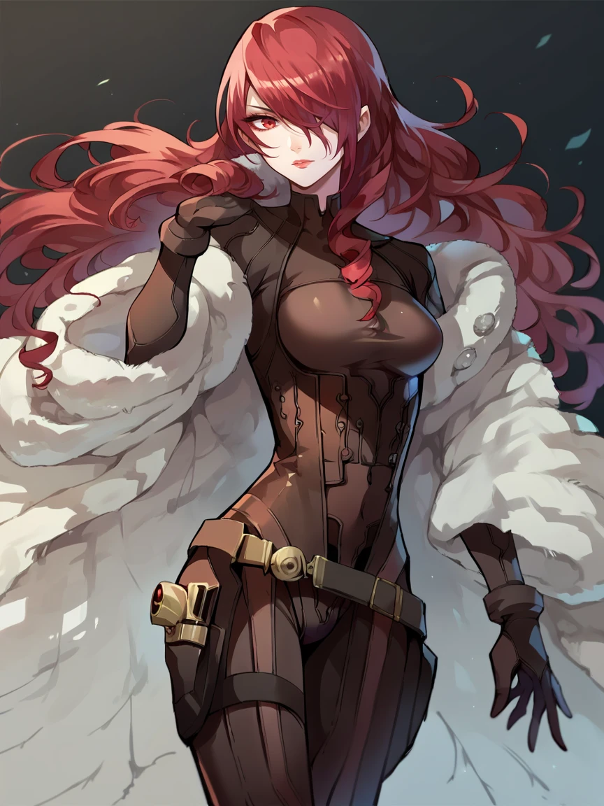 score_9, score_8_up, score_7_up, score_6_up, score_5_up,   <lora:mitsuruXLP:1> mitsuru, 1girl, solo, red hair, long hair, hair over one eye, red eyes, bodysuit, fur coat