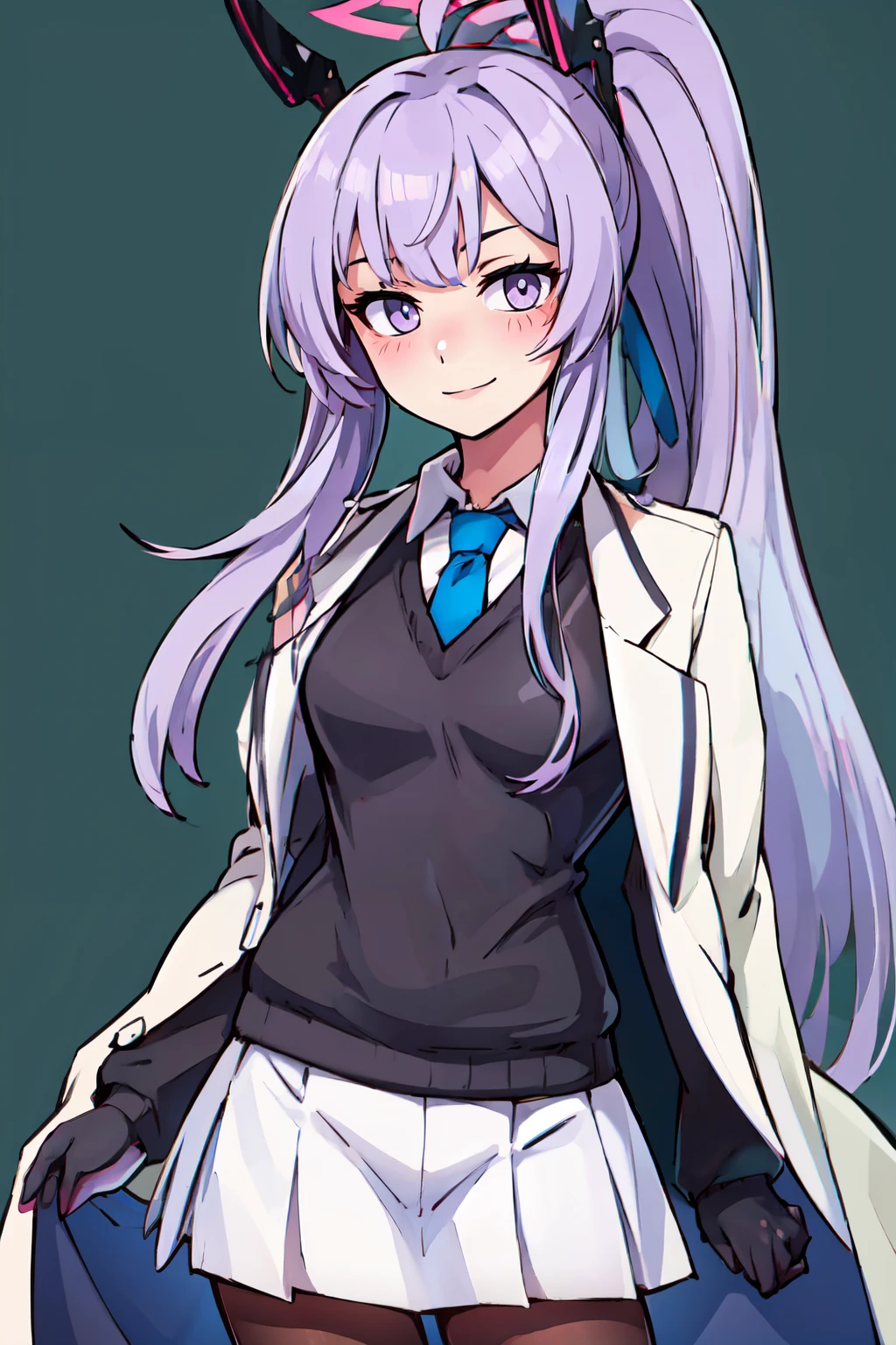 ((masterpiece,best quality)), absurdres, BREAK, , <lora:Utaha_BlueArchive_Citron:0.8>, zzUtaha, long hair, purple hair, halo, purple eyes, ponytail, headgear, long sleeves, solo, black gloves, white skirt, white jacket, black sweater, collared shirt, blush, white shirt, coat, sidelocks, pantyhose, blue tie, , BREAK, hip to the side, contrapposto, cowboy shot,, BREAK, solo, smile, looking at viewer, cowboy shot,