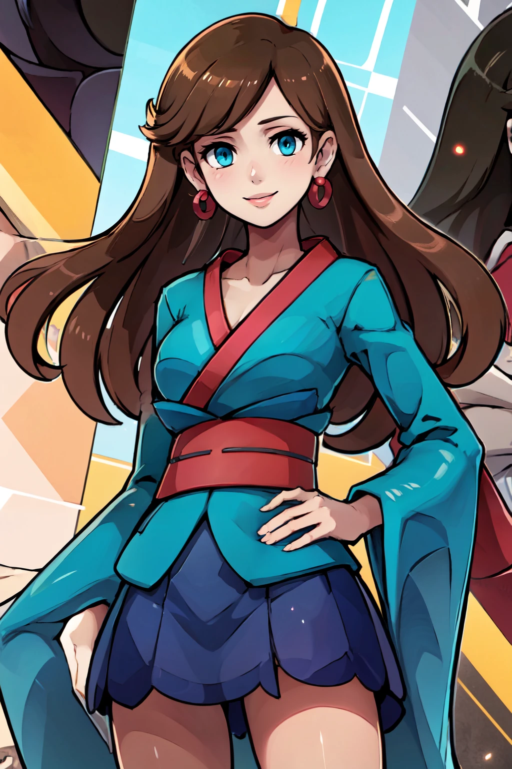 ((masterpiece,best quality)), absurdres,  BREAK, , <lora:Furisodegirl_Pokemon:0.8>,  zzFurisodegirl, long hair, brown hair, blue eyes, earrings, bangs, kimono, sash, , BREAK, hip to the side, hand on hip, contrapposto,, BREAK, solo, smile, looking at viewer, cowboy shot,