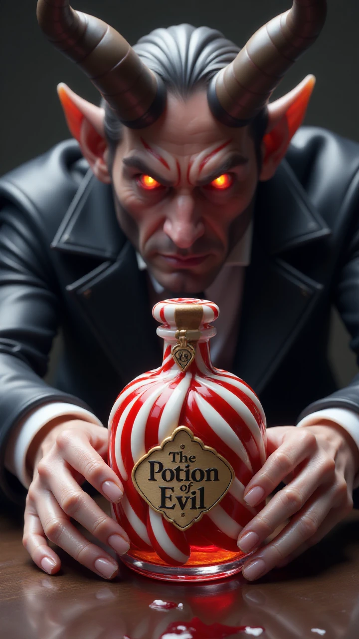 made out of candycane, dark fantasy, eerie, horror, small centered composition, product shot, plain background, wallpaper art, in the center is an image of a gorgeous elegant ("The Potion of Evil":1.3) , mystical, dark fantasy atmosphere, a giant demon in the background looking with his glowing red eyes on the potion, dark, Sharp and in focus, , dynamic composition, dynamic background, stunning, dynamic dramatic beautiful full taking, <lora:flux-candycanestyle:1>