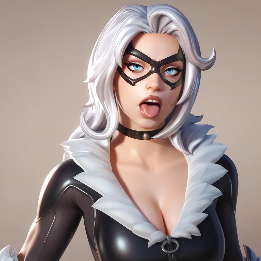 score_9, score_8_up, score_7_up, score_6_up, score_5_up, score_4_up, simple background, realistic, <lora:Black_Cat_Fortnite_Style:0.8> ,1girl, bcft, bodysuit, skin tight, white hair, choker, fur trim, mask, portrait, frown, bracer, long hair, looking at viewer, blue eyes, open mouth, tongue out, ahegao, large breasts, cleavage,