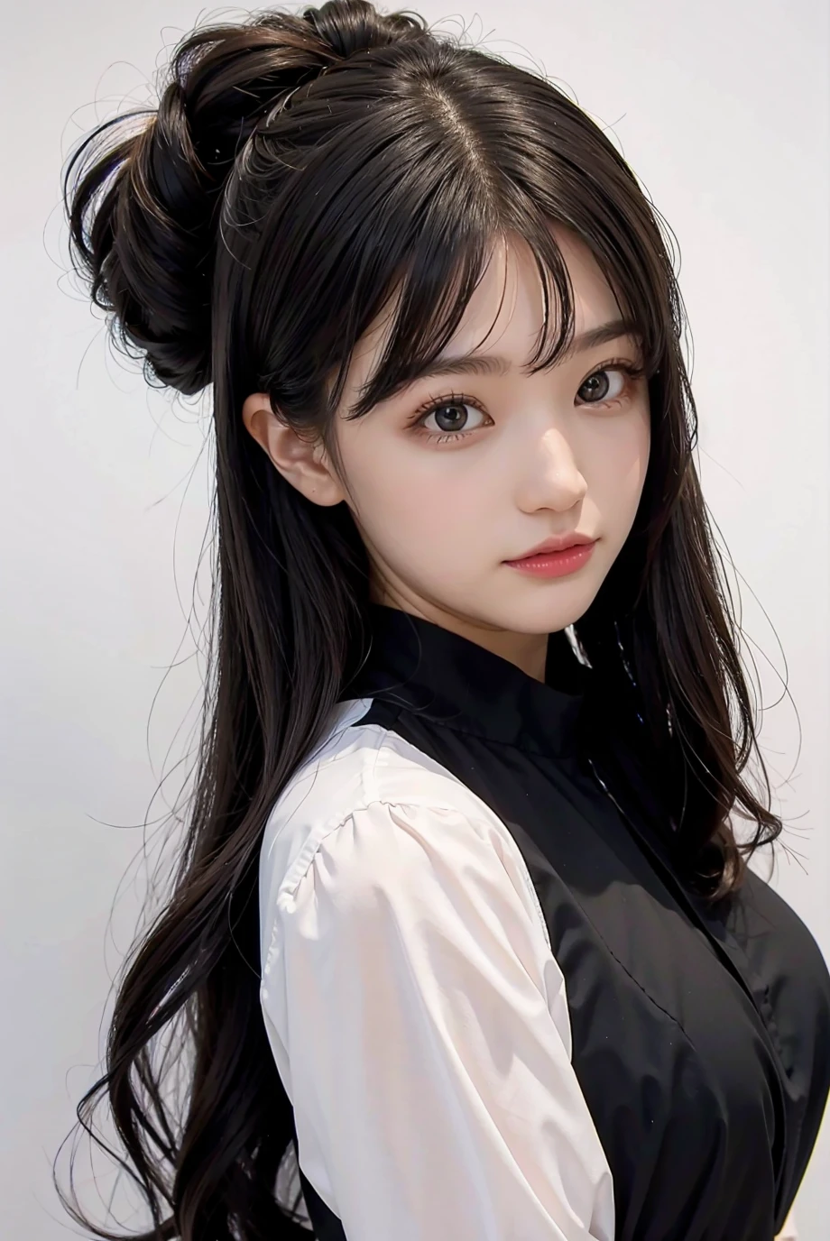 1girl, black random formal attire, white background, <lora:ShokoTakahashi_Jav-02:1>