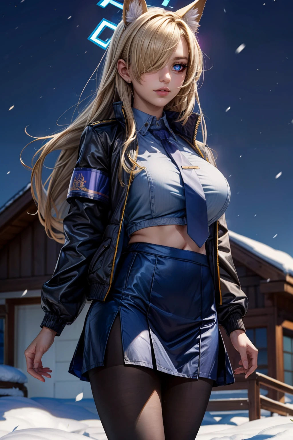 (ultra realistic,32k, masterpiece:1.2),(high detailed skin:1.1),( high quality:1.1), <lora:IllyasvielVonEinzbern_v1:0.7>, zzIllya, looking at viewer, night, outdoors, snowing, sky, BREAK,    <lora:Kanna_BlueArchive_Citron:0.8>, zzKanna, blonde hair, long hair, animal ears, blue halo, hair over one eye, blue eyes, breasts, large breasts, extra ears, dog ears black jacket, blue shirt, collared shirt, blue necktie, black pantyhose, blue skirt, armband,  ,BREAK,  blooming stars, luminescent petals, otherworldly fragrance blurry background, (looking at viewer, standing:1.1), huge breast, large breast, <lora:add_detail:0.92>, (glowwave:1.1),