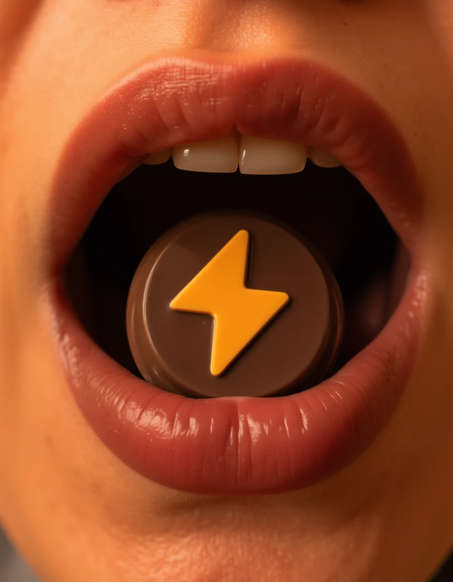 a chocolate SuchBuzzLogo, inside the mouth, close-up epic shot