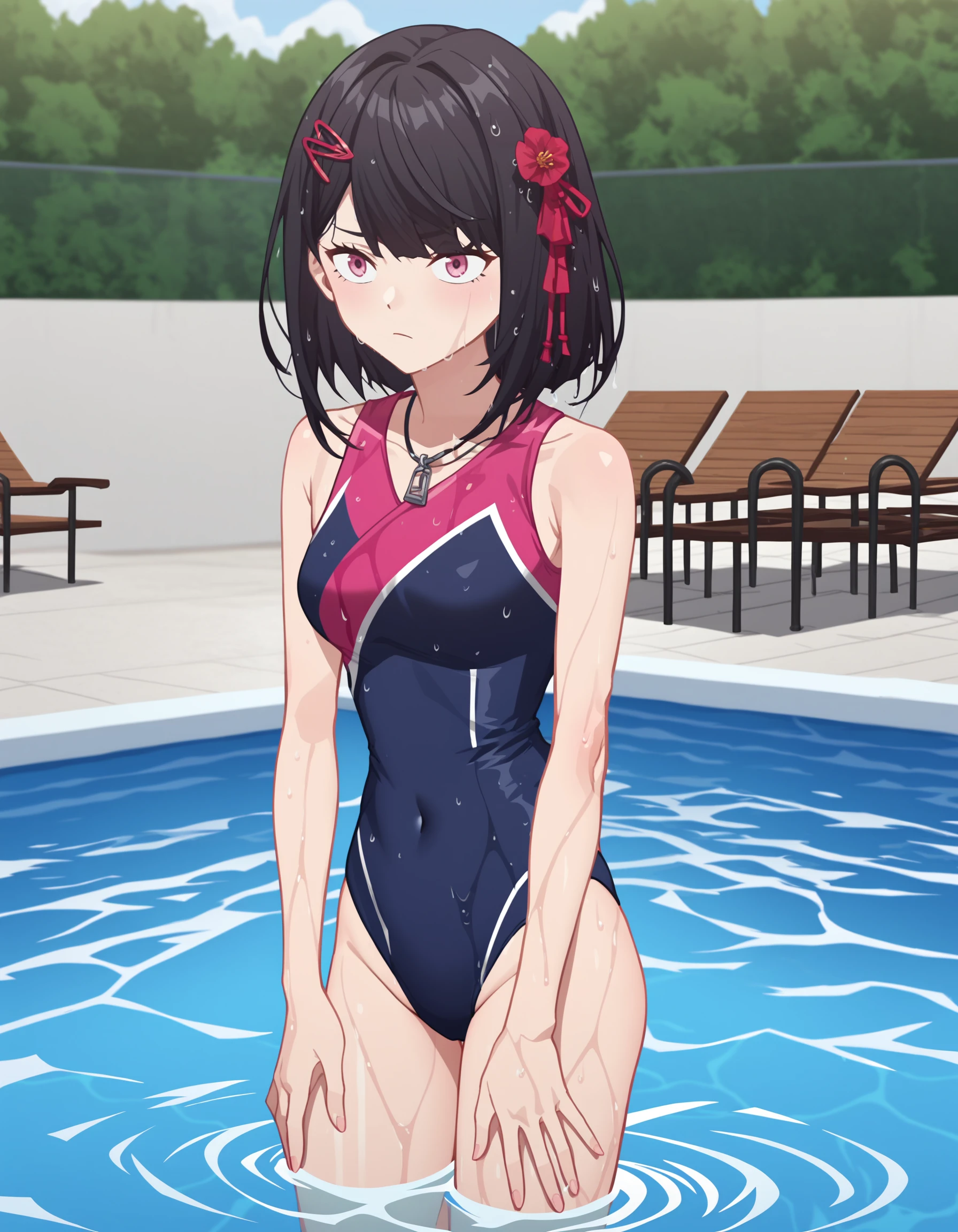 score_9,score_8_up,score_7_up,
wet,swimsuit,pool,cowboy shot,
<lora:yanzhen_pony2:0.6>,glcyanzhen,1girl,solo,hair ornament,medium hair,bangs,pink eyes,black hair,<lora:Anime_Screencap:1>,anime screencap,hands_on_own_thighs,