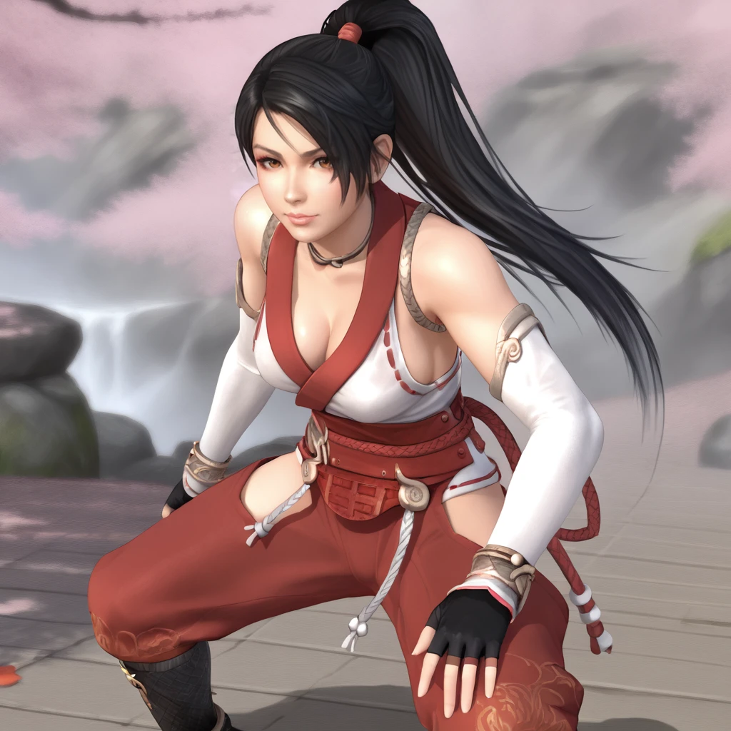 <lora:momijininjagaiden_pony_v1:.8> MomijiNinjaGaiden, 1girl, fingerless gloves, ponytail, black hair, long hair, ninja, lips, japanese clothes, elbow gloves, brown eyes